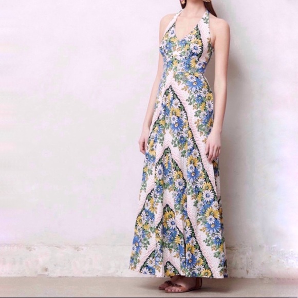 Anthropologie Dresses & Skirts - Anthropologie Postmark soraya white blue yellow floral v-neck halter maxi dress